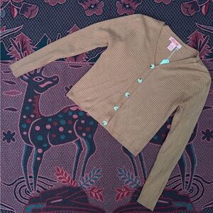 Ribbed V-Neck Button Cardigan in Camel